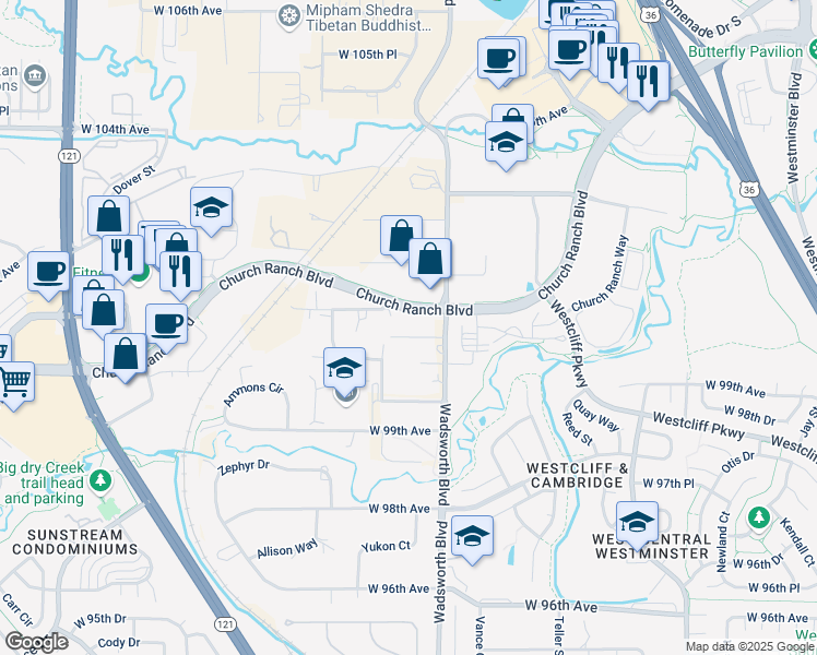 map of restaurants, bars, coffee shops, grocery stores, and more near 7700 West 101st Avenue in Westminster