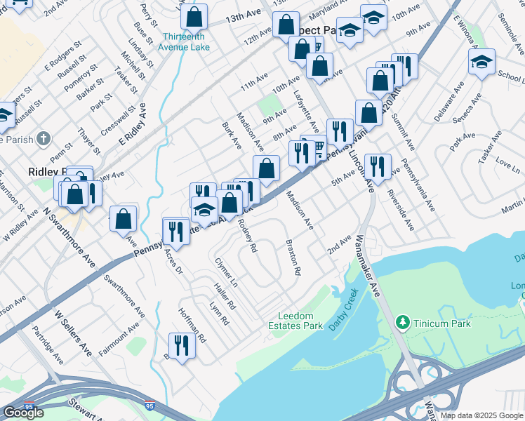 map of restaurants, bars, coffee shops, grocery stores, and more near 718 Braxton Road in Ridley Park