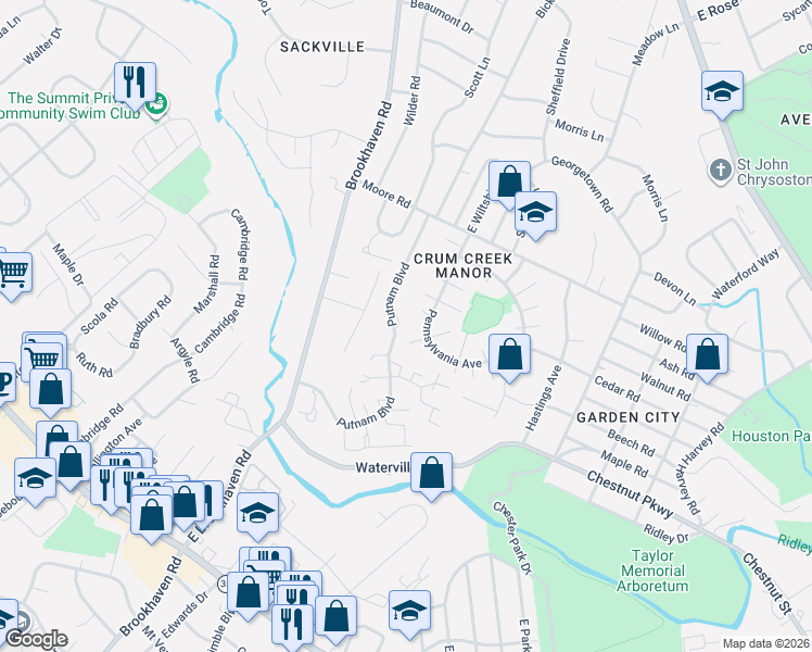 map of restaurants, bars, coffee shops, grocery stores, and more near 304 Denver Court in Nether Providence Township