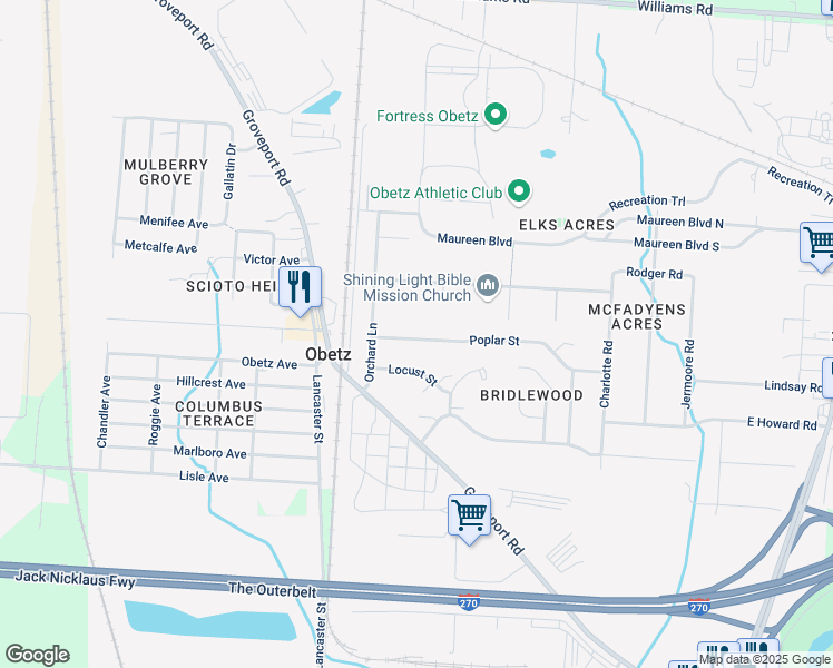 map of restaurants, bars, coffee shops, grocery stores, and more near 1977 Poplar Street in Obetz
