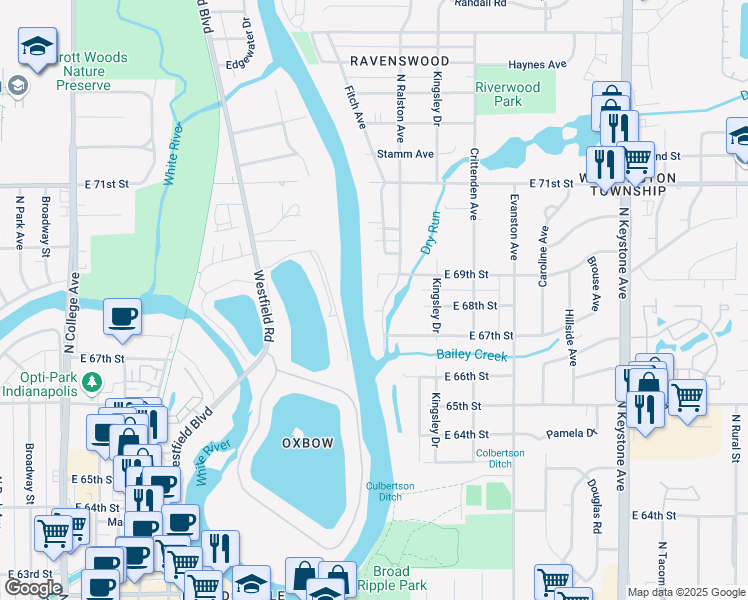 map of restaurants, bars, coffee shops, grocery stores, and more near 6721 Riverfront Avenue in Indianapolis