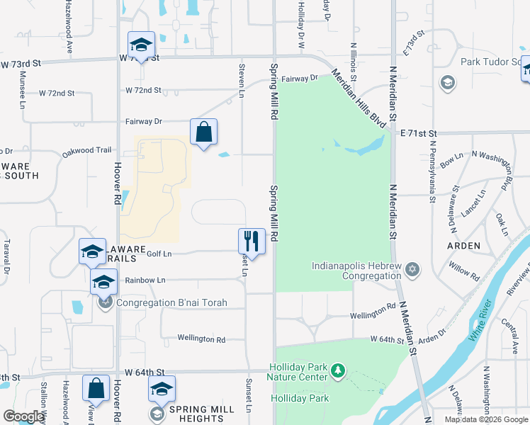 map of restaurants, bars, coffee shops, grocery stores, and more near 6615 Sunset Lane in Indianapolis