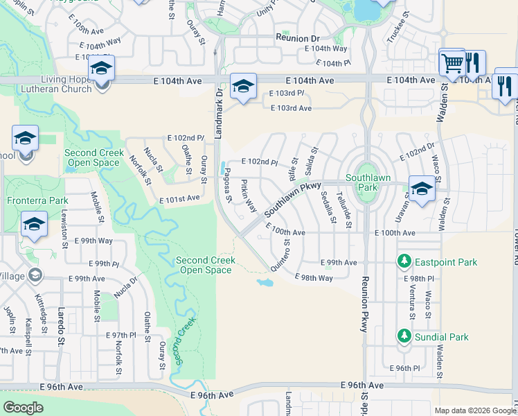map of restaurants, bars, coffee shops, grocery stores, and more near 10058 Pagosa Court in Commerce City