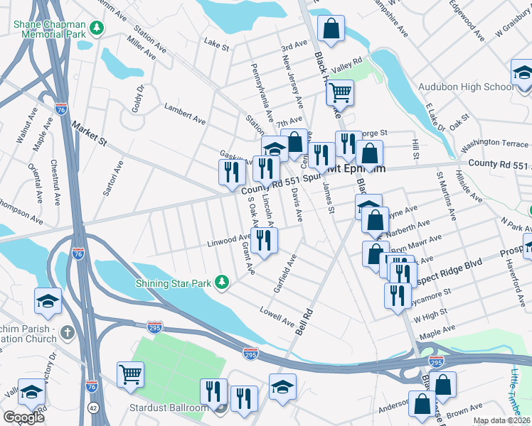 map of restaurants, bars, coffee shops, grocery stores, and more near 31 Lincoln Avenue in Mount Ephraim