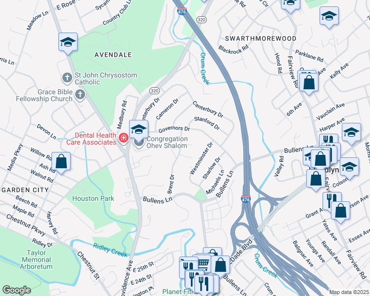 map of restaurants, bars, coffee shops, grocery stores, and more near 7 Arthur Court in Delaware County