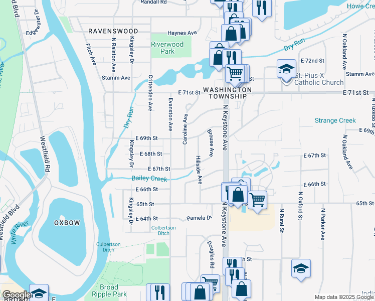 map of restaurants, bars, coffee shops, grocery stores, and more near 6751 Caroline Avenue in Indianapolis