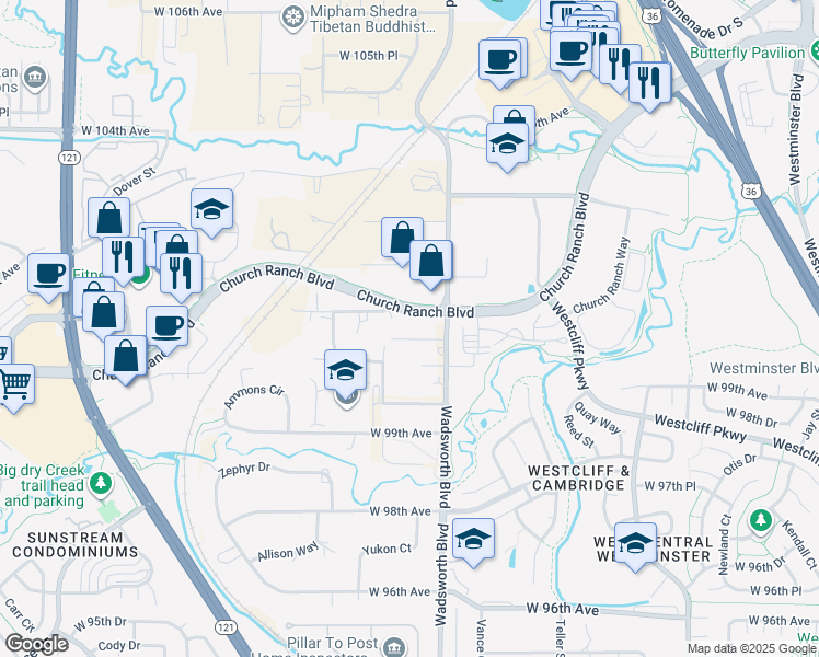 map of restaurants, bars, coffee shops, grocery stores, and more near 7700 West 101st Avenue in Westminster