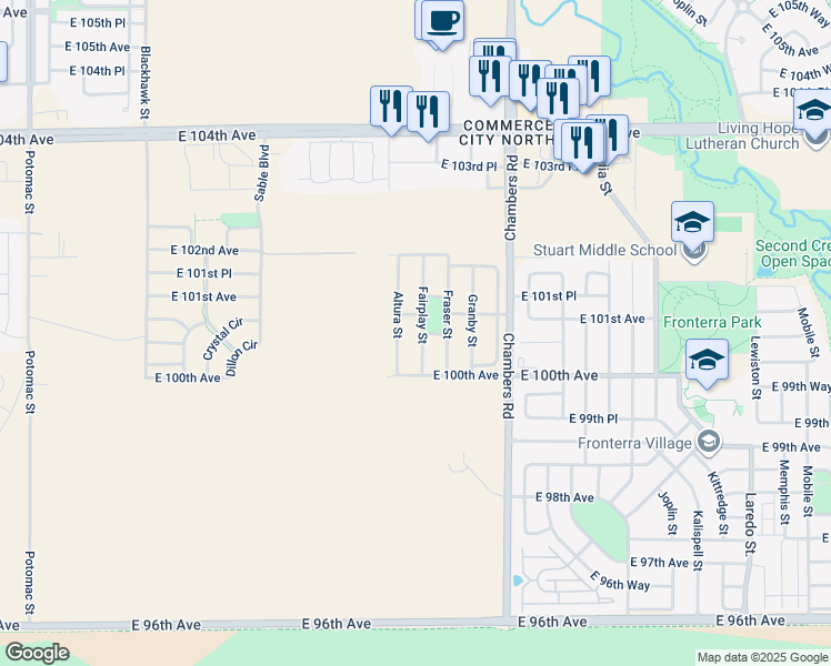 map of restaurants, bars, coffee shops, grocery stores, and more near 10063 Fairplay Street in Commerce City
