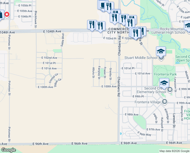 map of restaurants, bars, coffee shops, grocery stores, and more near 10041 Altura Street in Commerce City