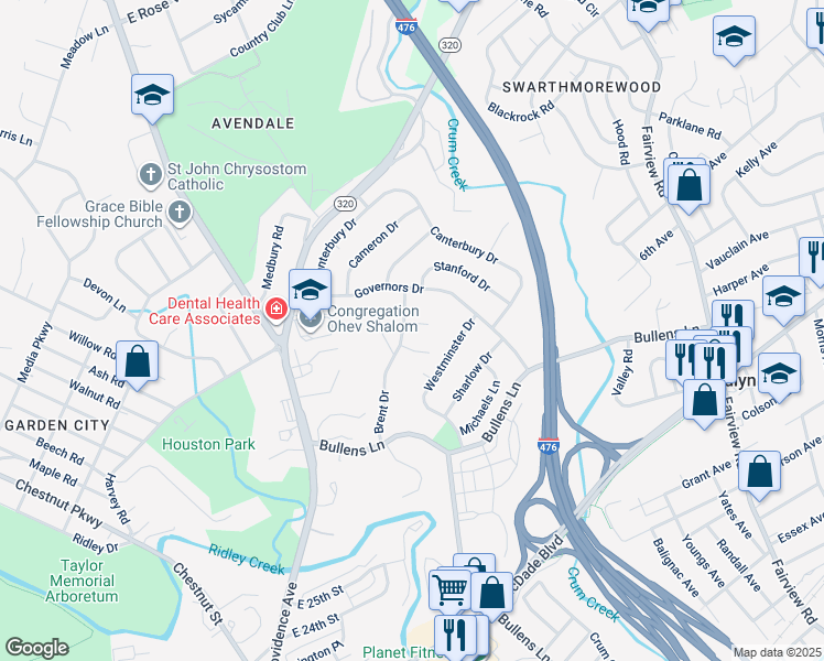 map of restaurants, bars, coffee shops, grocery stores, and more near 7 Arthur Court in Delaware County