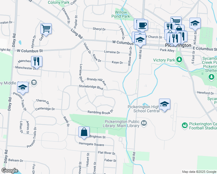 map of restaurants, bars, coffee shops, grocery stores, and more near 366 Brandy Hill Avenue in Pickerington