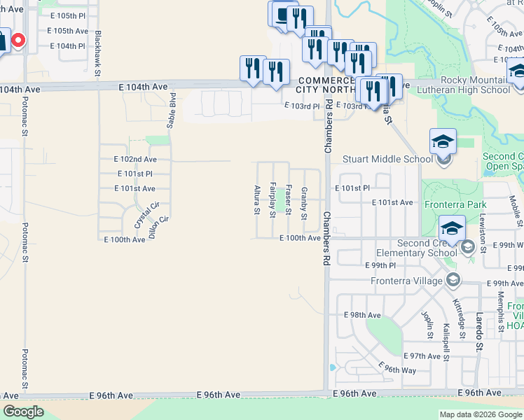map of restaurants, bars, coffee shops, grocery stores, and more near 10041 Altura Street in Commerce City