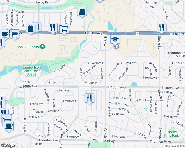 map of restaurants, bars, coffee shops, grocery stores, and more near 2204 East 101st Avenue in Thornton
