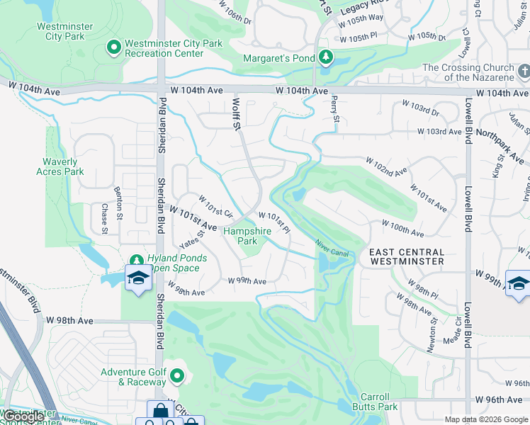 map of restaurants, bars, coffee shops, grocery stores, and more near 10090 Vrain Court in Westminster