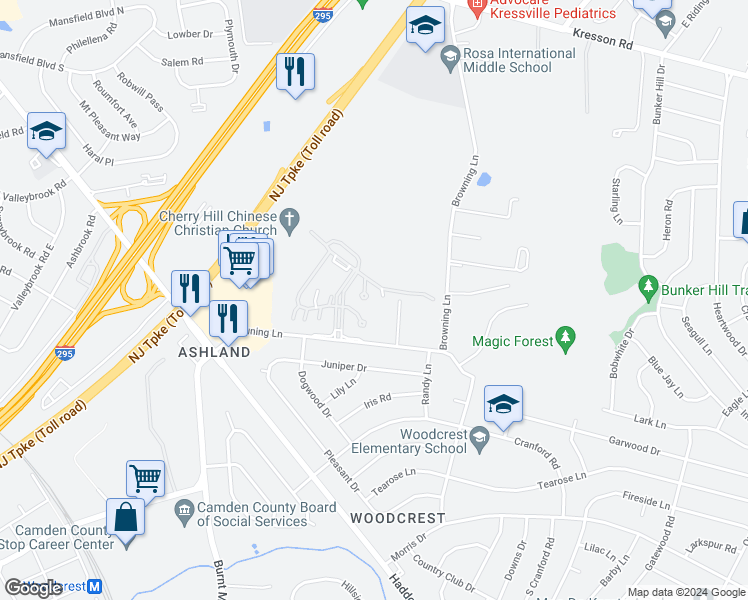 map of restaurants, bars, coffee shops, grocery stores, and more near 484 Brittany Lane in Cherry Hill