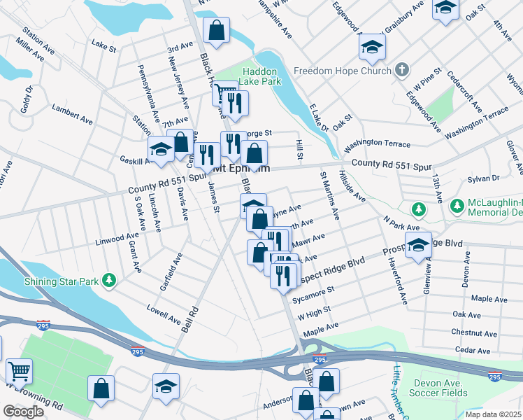 map of restaurants, bars, coffee shops, grocery stores, and more near 125 South Black Horse Pike in Mount Ephraim