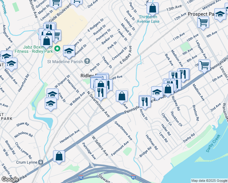 map of restaurants, bars, coffee shops, grocery stores, and more near 34 Morton Avenue in Ridley Park