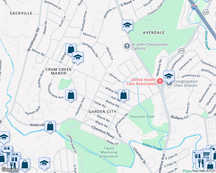 map of restaurants, bars, coffee shops, grocery stores, and more near 213 Ash Road in Nether Providence Township