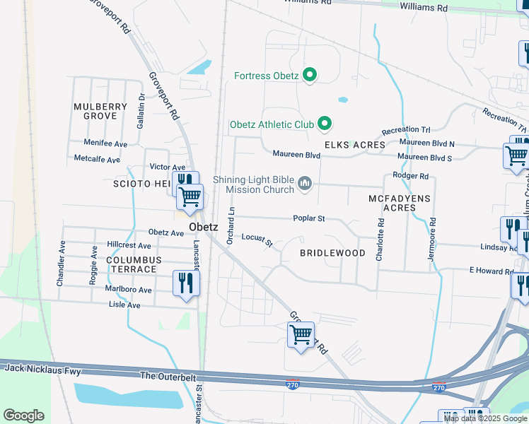 map of restaurants, bars, coffee shops, grocery stores, and more near 1977 Poplar Street in Obetz