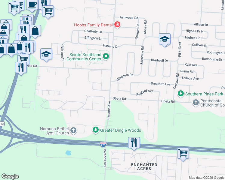 map of restaurants, bars, coffee shops, grocery stores, and more near 4024 Parsons Avenue in Columbus