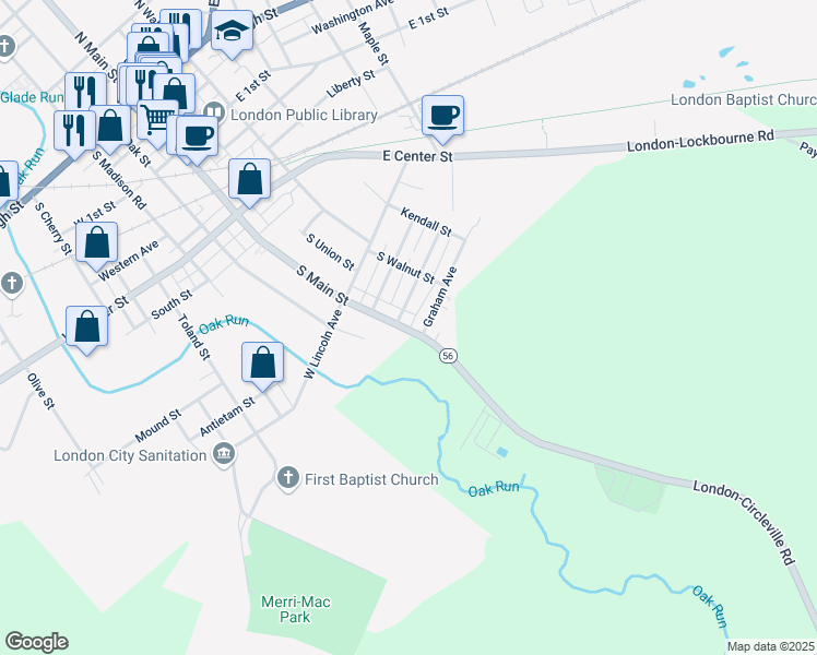 map of restaurants, bars, coffee shops, grocery stores, and more near 302 South Main Street in London