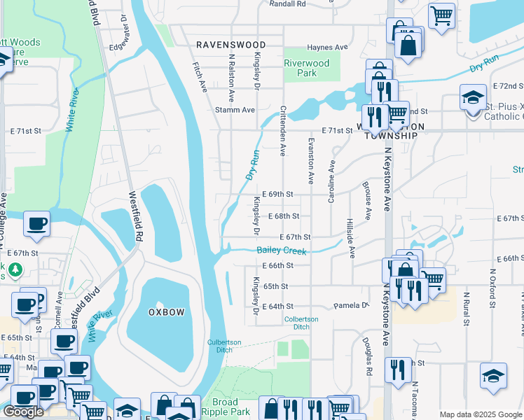 map of restaurants, bars, coffee shops, grocery stores, and more near 1807 East 68th Street in Indianapolis