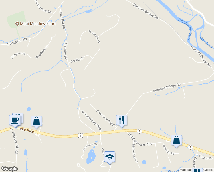 map of restaurants, bars, coffee shops, grocery stores, and more near 104 Grey Dove Drive in Chadds Ford