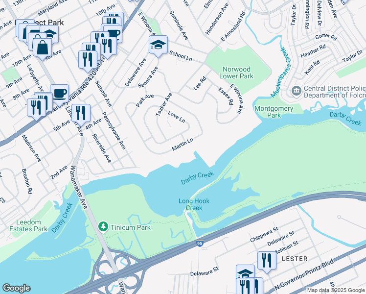 map of restaurants, bars, coffee shops, grocery stores, and more near 103 Martin Lane in Norwood