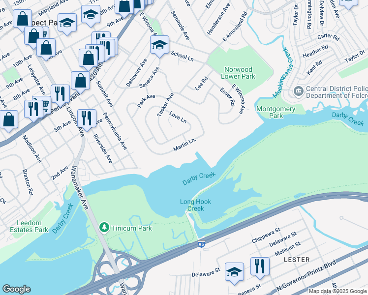 map of restaurants, bars, coffee shops, grocery stores, and more near 103 Martin Lane in Norwood