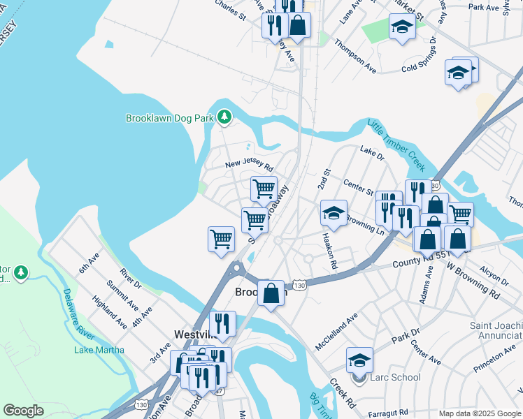 map of restaurants, bars, coffee shops, grocery stores, and more near 304 Marne Road in Brooklawn
