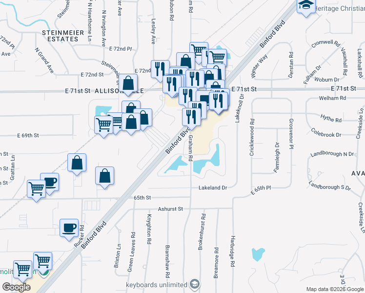 map of restaurants, bars, coffee shops, grocery stores, and more near 6747 Lakeworth Drive in Indianapolis