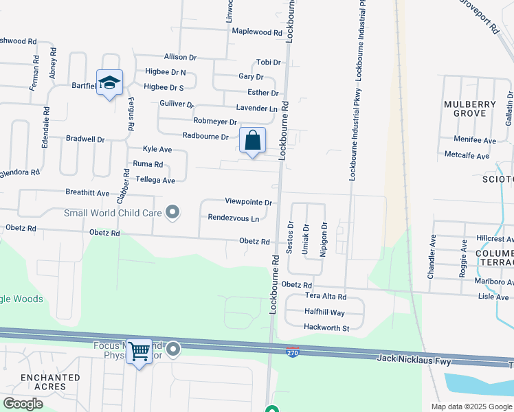 map of restaurants, bars, coffee shops, grocery stores, and more near 1159 Viewpointe Drive in Columbus
