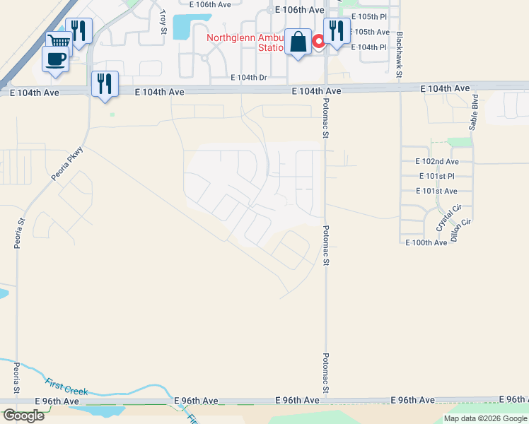 map of restaurants, bars, coffee shops, grocery stores, and more near 10204 Wheeling Street in Commerce City
