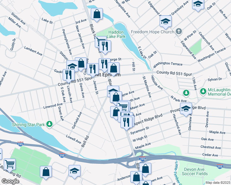 map of restaurants, bars, coffee shops, grocery stores, and more near 13 South Black Horse Pike in Mount Ephraim