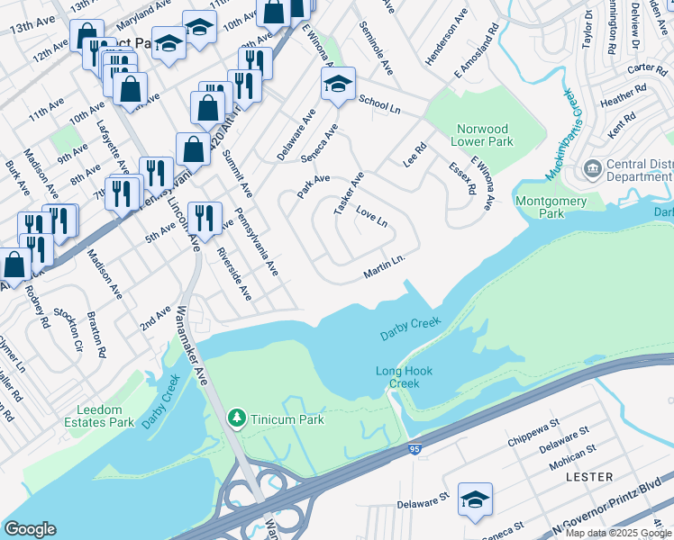 map of restaurants, bars, coffee shops, grocery stores, and more near 135 Love Lane in Norwood