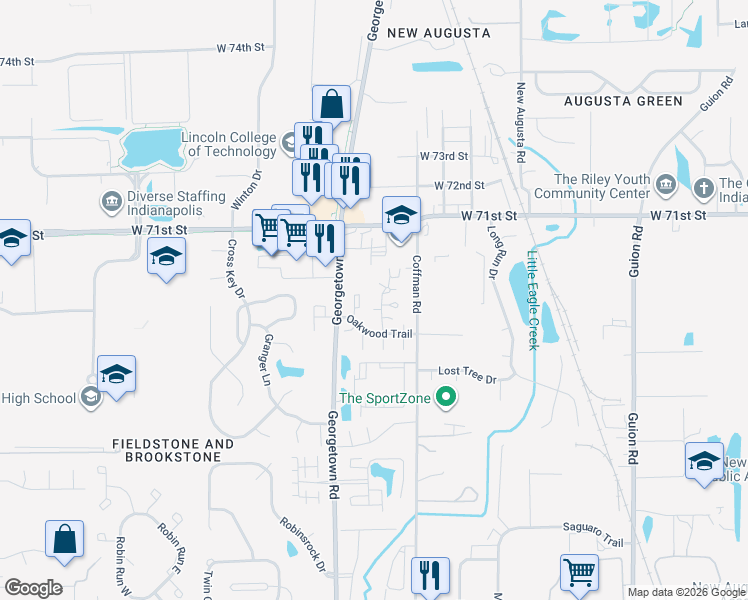 map of restaurants, bars, coffee shops, grocery stores, and more near 6816 Wildwood Court in Indianapolis