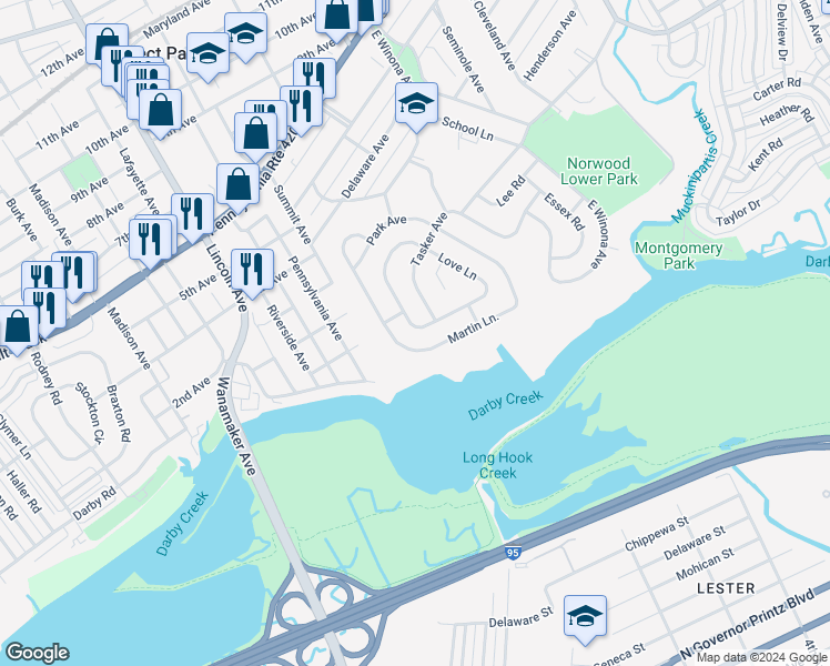 map of restaurants, bars, coffee shops, grocery stores, and more near 135 Love Lane in Norwood