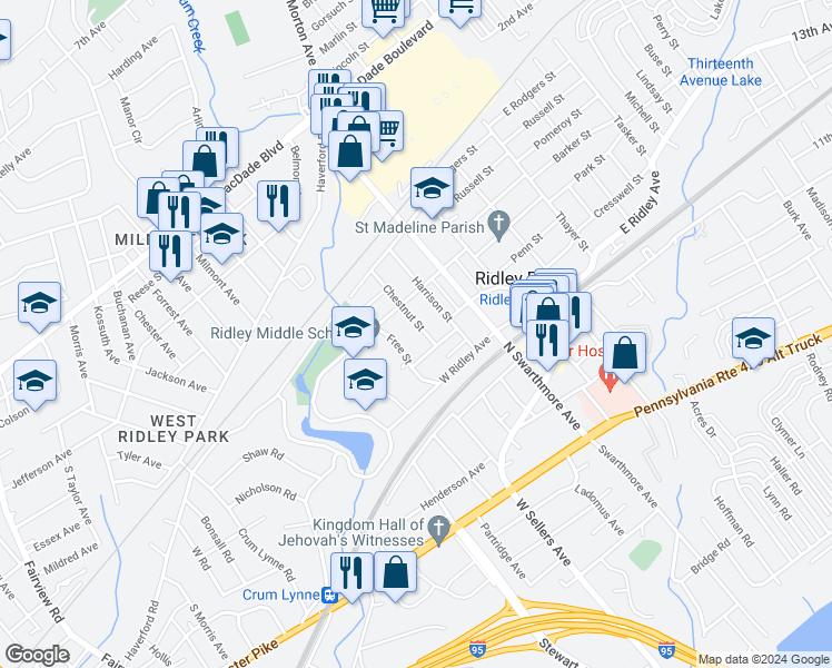 map of restaurants, bars, coffee shops, grocery stores, and more near 406 Chestnut Street in Ridley Park