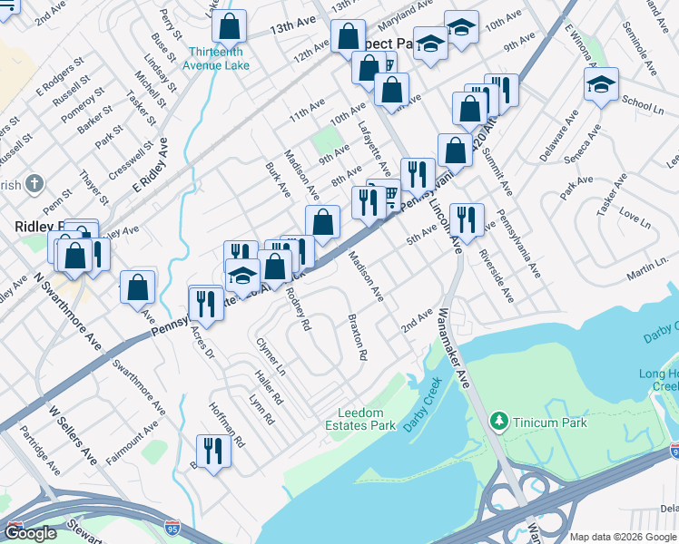 map of restaurants, bars, coffee shops, grocery stores, and more near 718 Braxton Road in Ridley Park