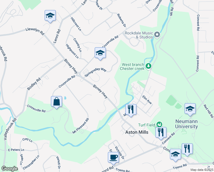 map of restaurants, bars, coffee shops, grocery stores, and more near 30 Linda Lane in Aston