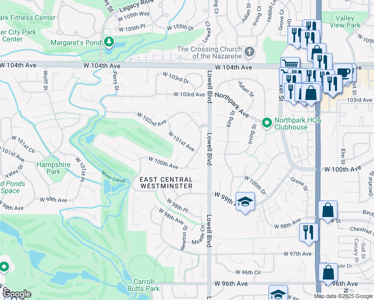 map of restaurants, bars, coffee shops, grocery stores, and more near 10034 Lowell Way in Westminster