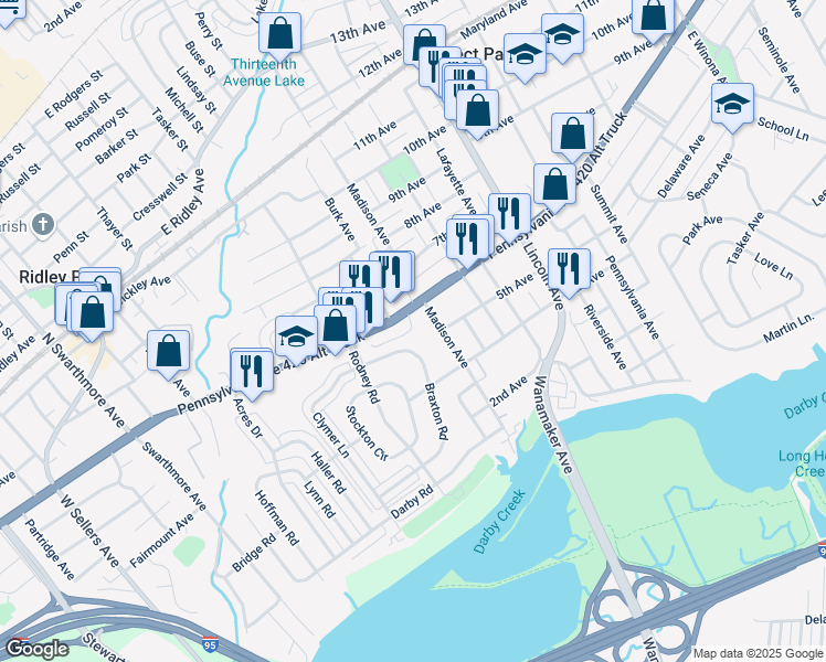 map of restaurants, bars, coffee shops, grocery stores, and more near 718 Braxton Road in Ridley Park