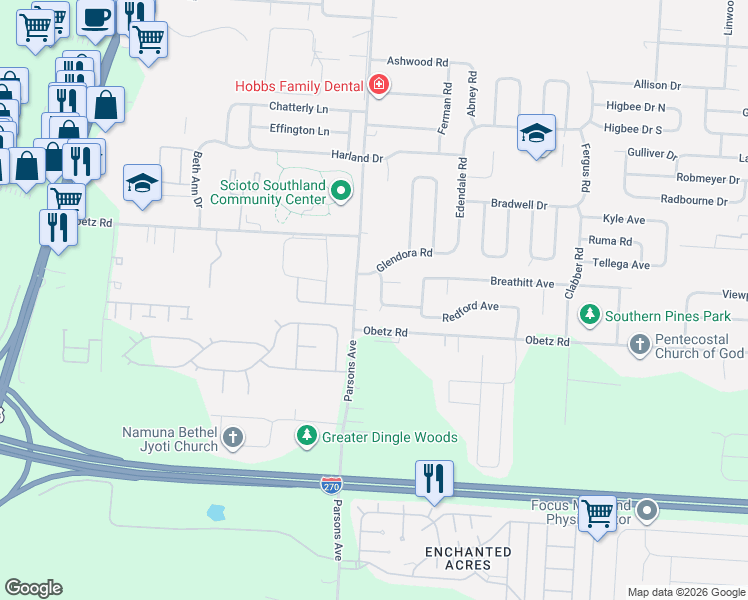 map of restaurants, bars, coffee shops, grocery stores, and more near 4024 Parsons Avenue in Columbus