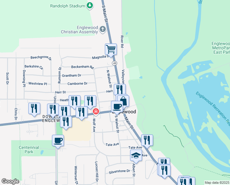 map of restaurants, bars, coffee shops, grocery stores, and more near 5 Jefferson Street in Englewood