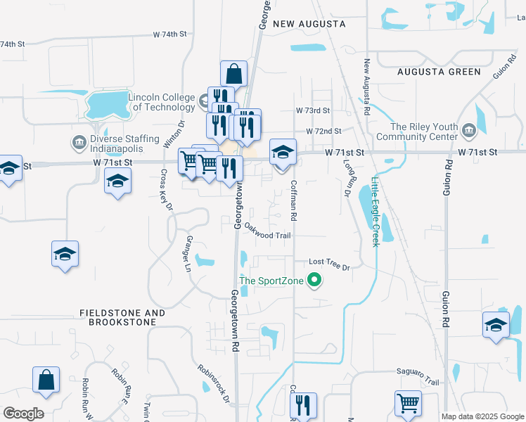 map of restaurants, bars, coffee shops, grocery stores, and more near 6816 Wildwood Court in Indianapolis