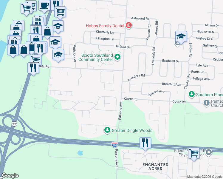 map of restaurants, bars, coffee shops, grocery stores, and more near 476 Chambersburg Road in Columbus