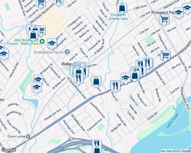 map of restaurants, bars, coffee shops, grocery stores, and more near 300 Walnut Street in Ridley Park