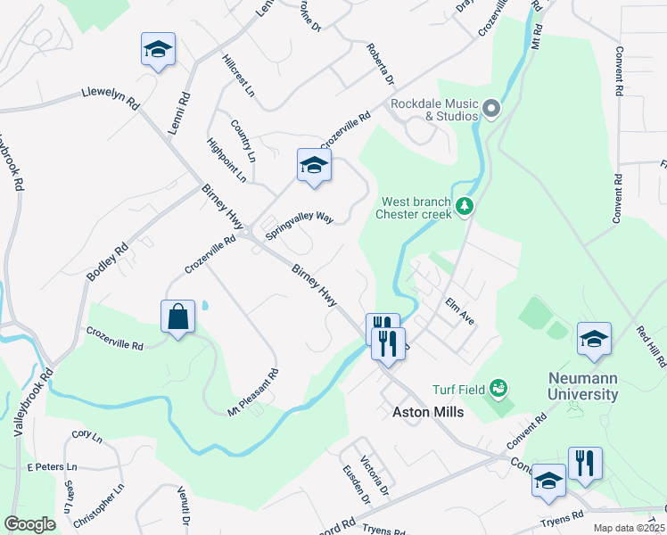 map of restaurants, bars, coffee shops, grocery stores, and more near 30 Linda Lane in Aston