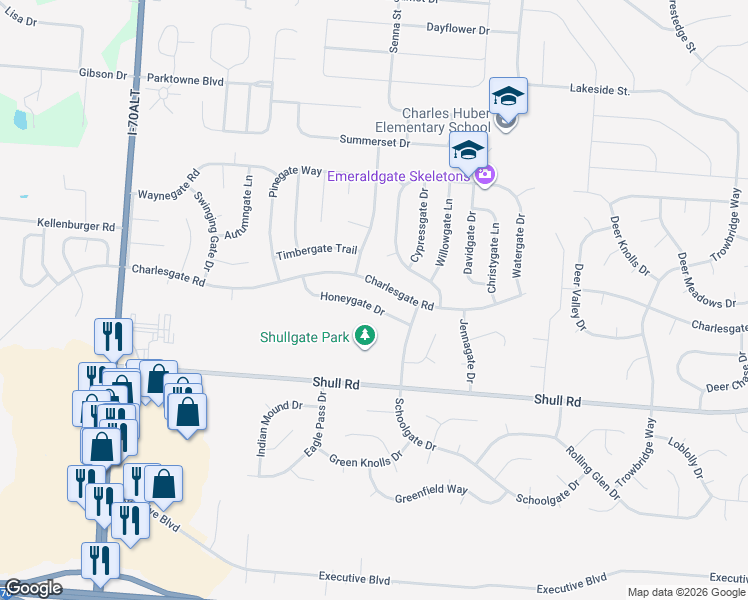 map of restaurants, bars, coffee shops, grocery stores, and more near 6120 Honeygate Drive in Dayton