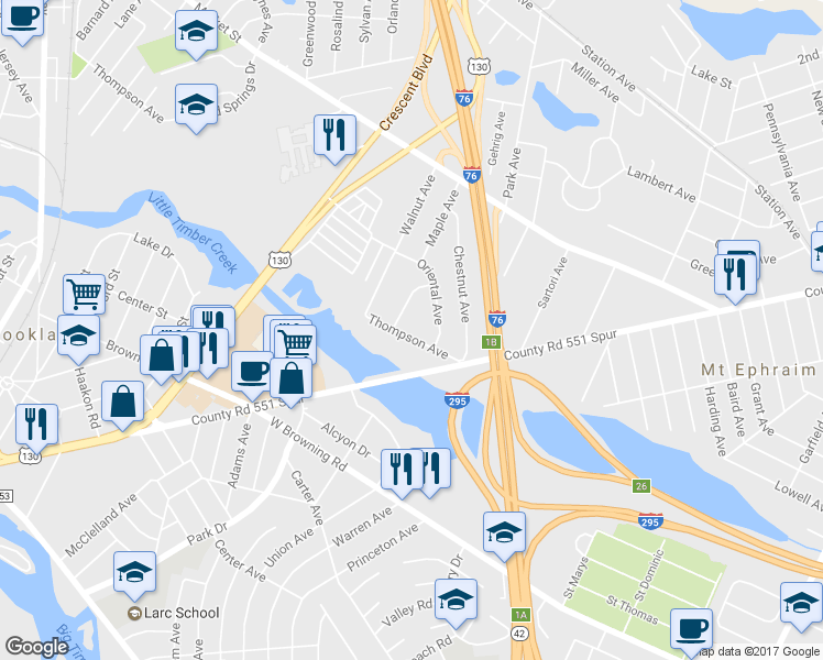 map of restaurants, bars, coffee shops, grocery stores, and more near 1409 Thompson Avenue in Gloucester City